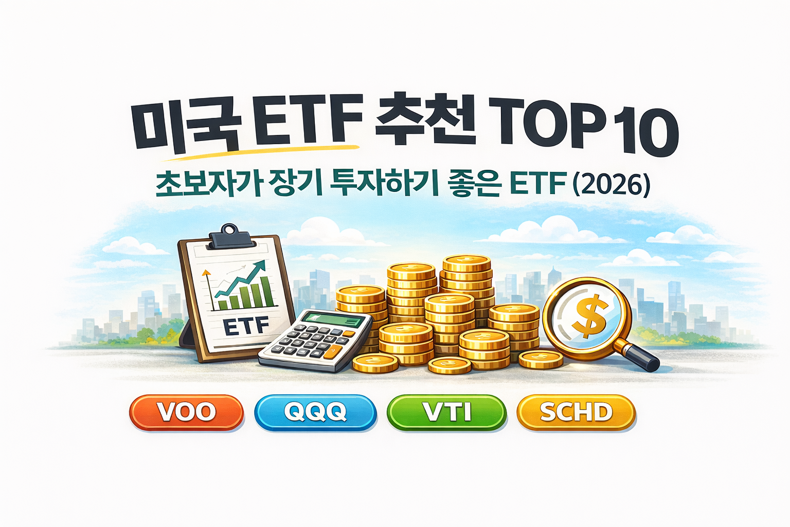 미국 ETF 추천 TOP 10 VOO QQQ VTI SCHD 비교 장기 투자 가이드 인포그래픽