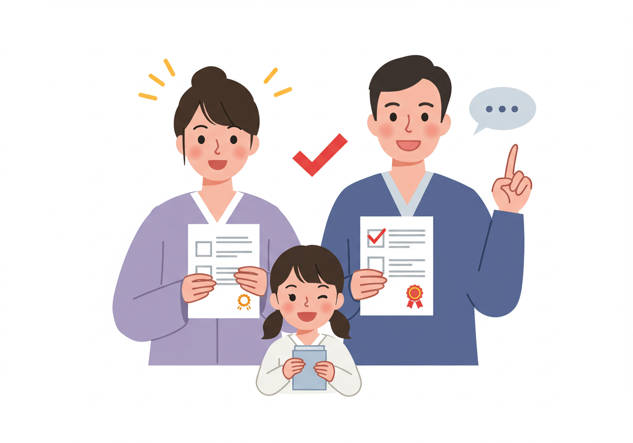 승인된 서류와 함께 큰 체크 표시를 보이며 미소 짓는 부모와 가운데 여자아이가 윙크를 날리고 있다