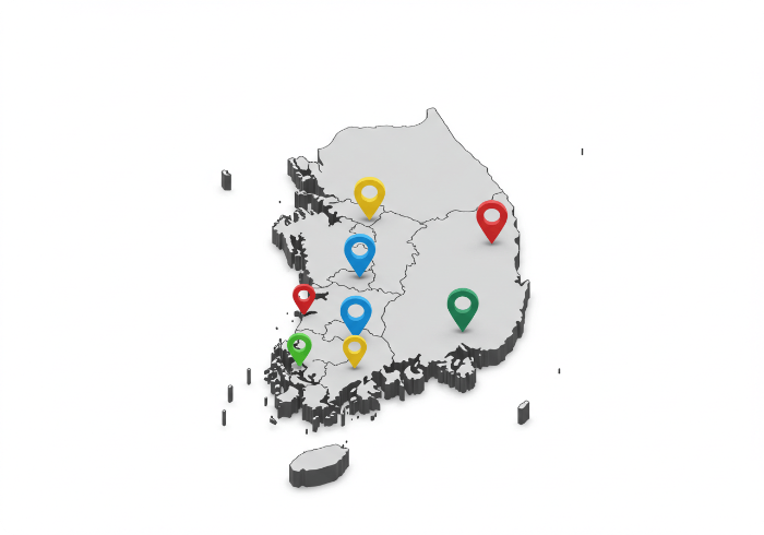 전국 중장년 기술창업센터 위치를 표시한 한국 지도 3D 아이콘