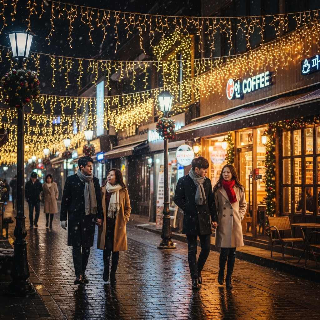 서울윈터페스타 제야의 종, 밝은 매장 앞을 걷고 있는 연인들