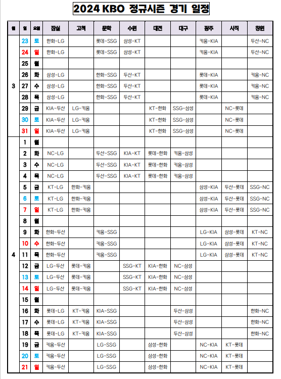 2024 KBO 정규시즌 경기 일정