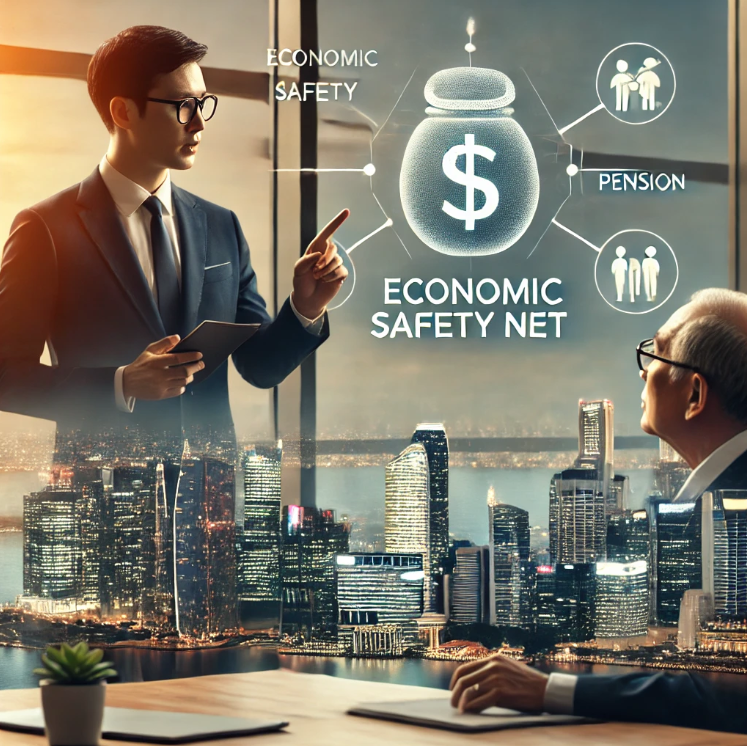 도시 배경에서 전문 상담사가 고객에게 연금 정보를 설명하며 경제적 안전을 상징하는 장면