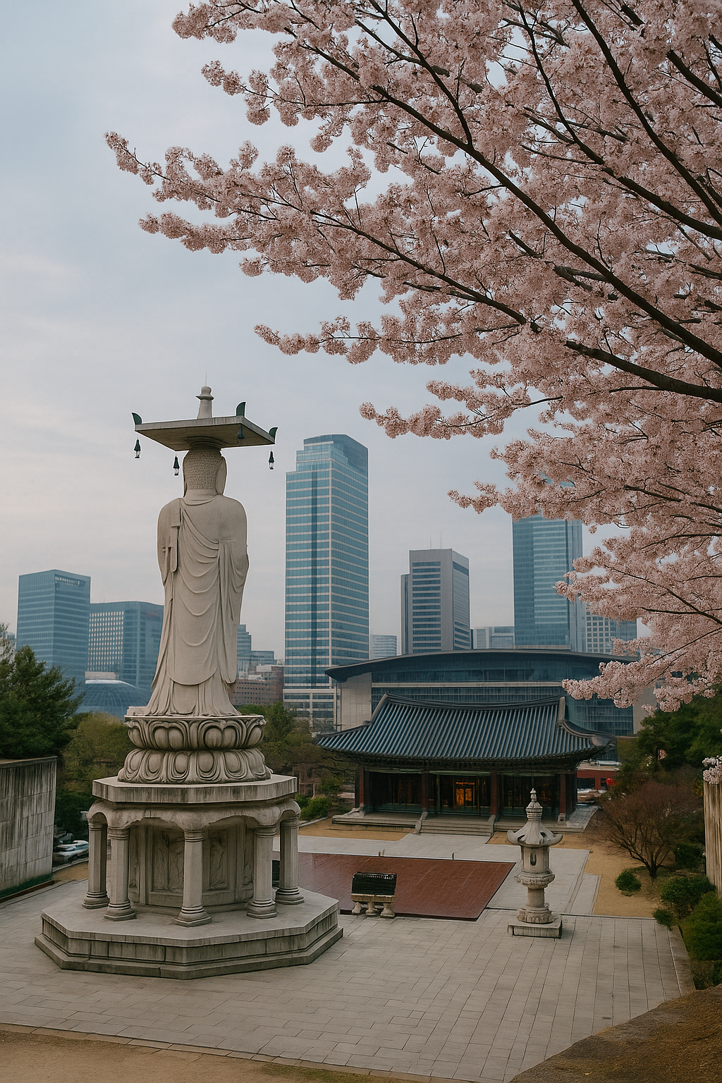 서울 봉은사 석조불상과 벚꽃, 도심 풍경이 어우러진 봄 사찰 전경