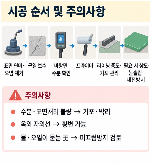 에폭시 라이닝 시공에서 표면 연마 균열 보수 수분 확인 프라이머 중도 상도 순서를 정리한 이미지