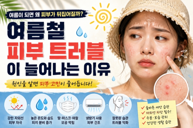 여름철 피부 트러블 관리 및 원인을 설명하는 이미지