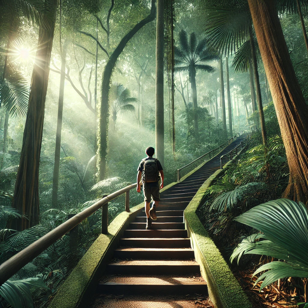 부킷티마 힐의 울창한 숲속 계단이나 정상을 향해 오르는 하이커의 모습