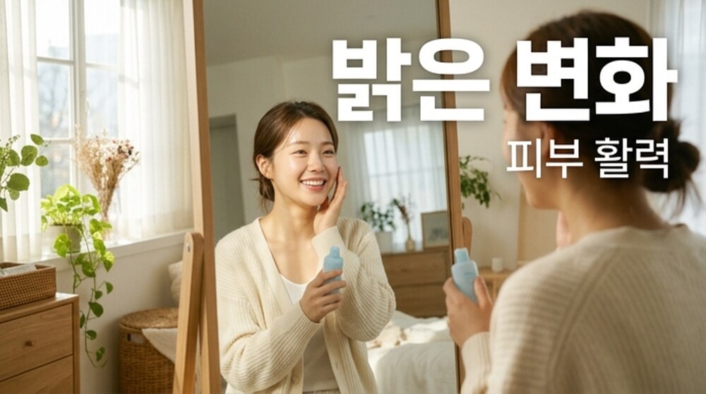 거울을 보며 맑아진 피부에 만족하는 여성과 밝은 변화 피부 활력 문구