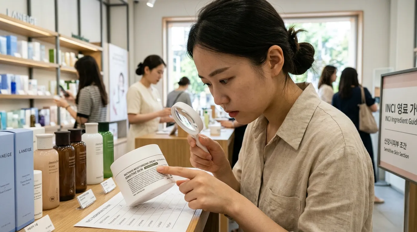 민감성 피부 크림의 향료와 자극 성분을 확인하는 장면