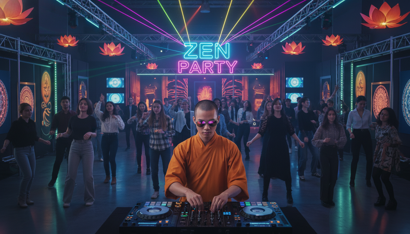 불교박람회 내부에서 열리는 화려한 조명의 EDM 명상 파티 현장