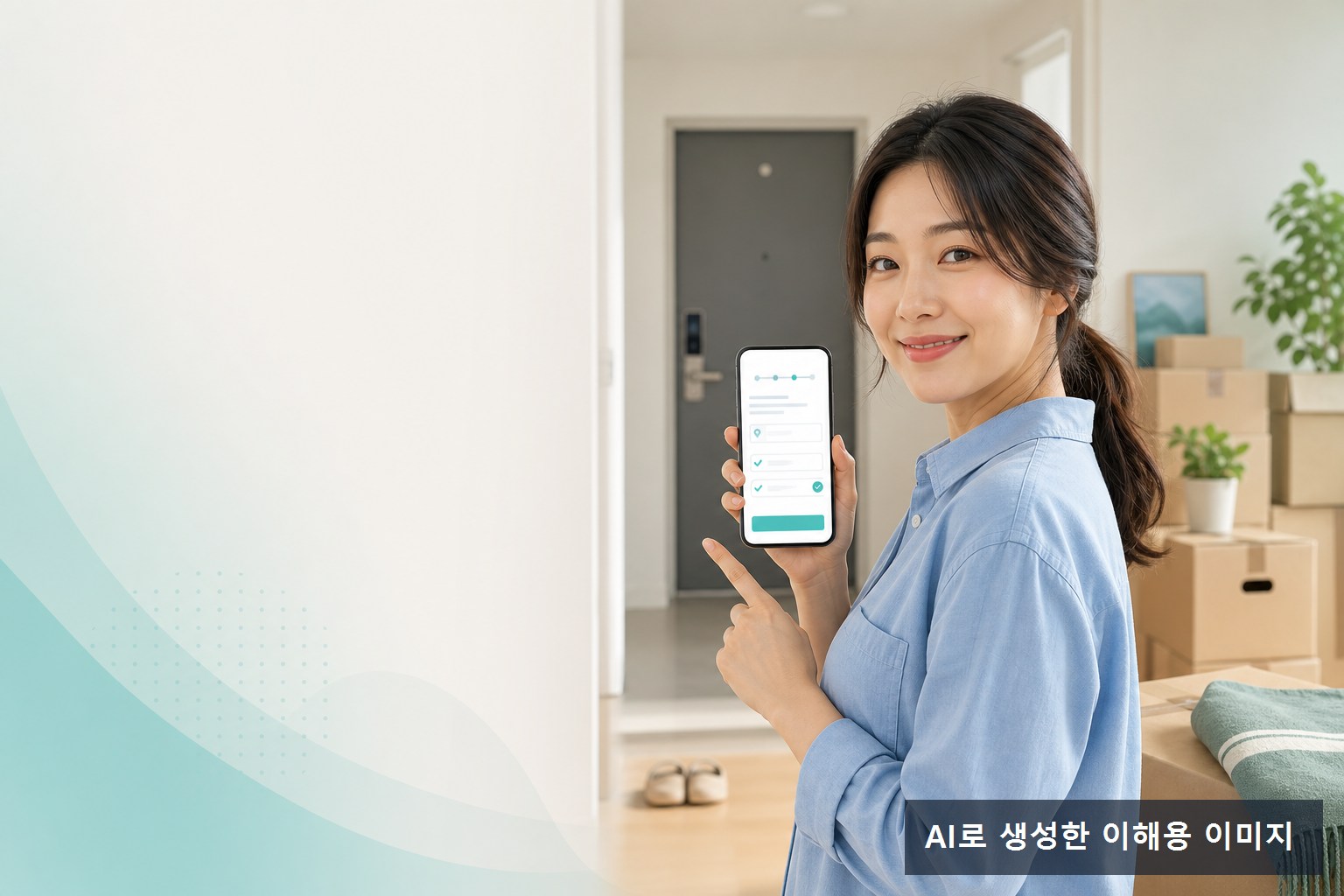 이사한 집에서 스마트폰으로 전입신고를 준비하는 사람