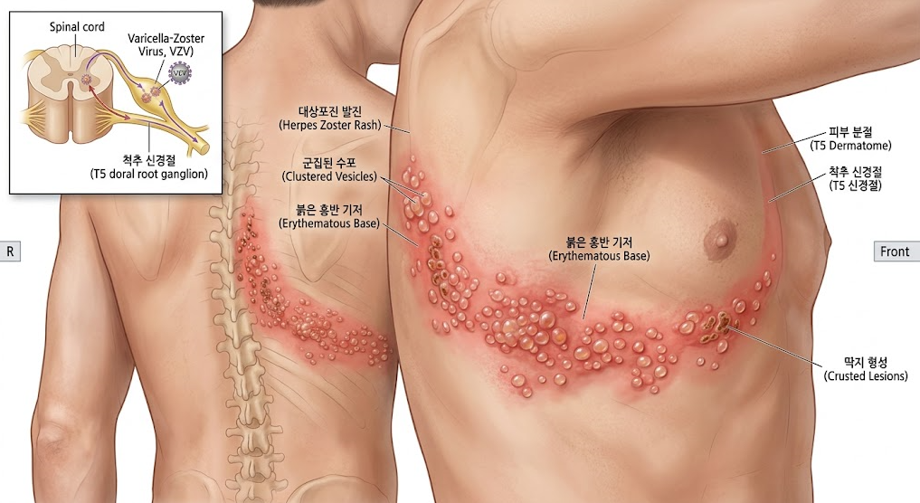 신경절을 따라 몸의 한쪽에만 띠 모양으로 발생하는 대상포진 초기 수포 증상