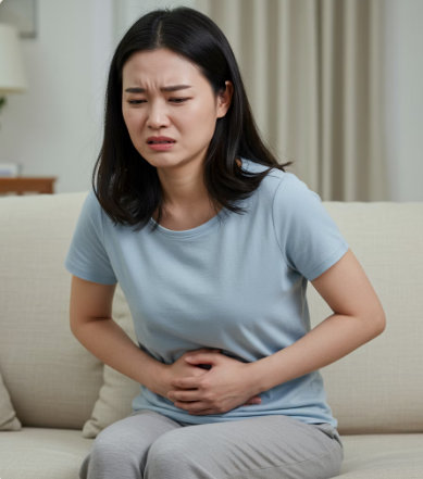 배가 아파 양손으로 배를 잡고 힘들어하는 여성의 모습