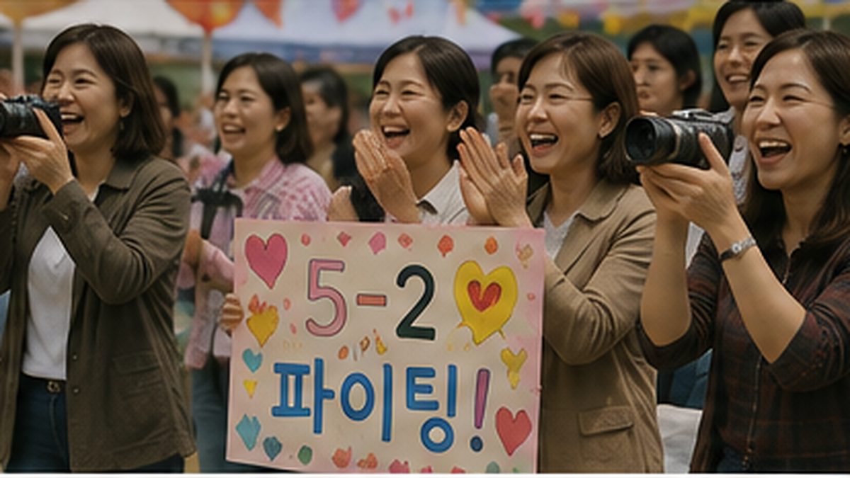 초등학교 운동회에서 가족들이 카메라와 응원 팻말을 들고 아이를 향해 박수 치는 모습
