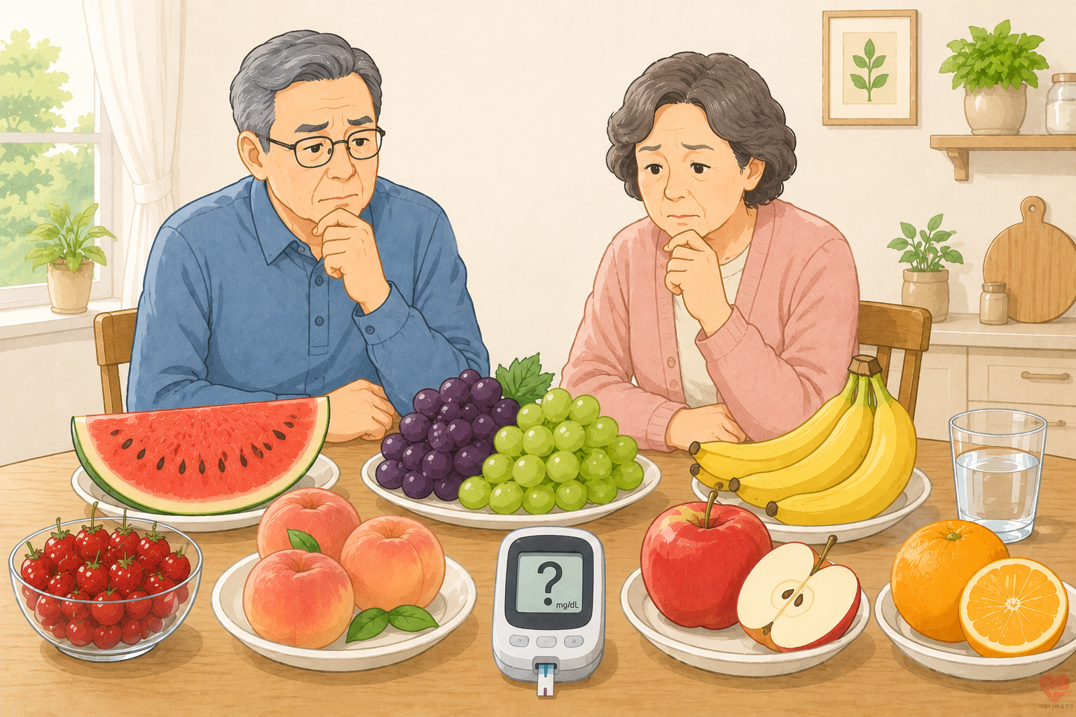 당뇨 증상이 있는 노부부가 과일을 보면서 걱정하고 있다.