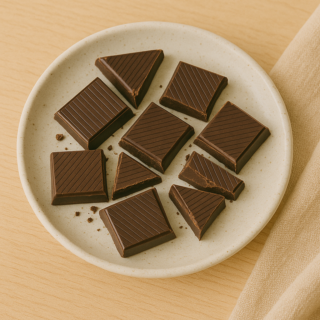 alt="카카오 70% 이상의 다크 초콜릿 조각이 접시에 담긴 모습 ❘ Plate with pieces of dark chocolate over 70% cacao"