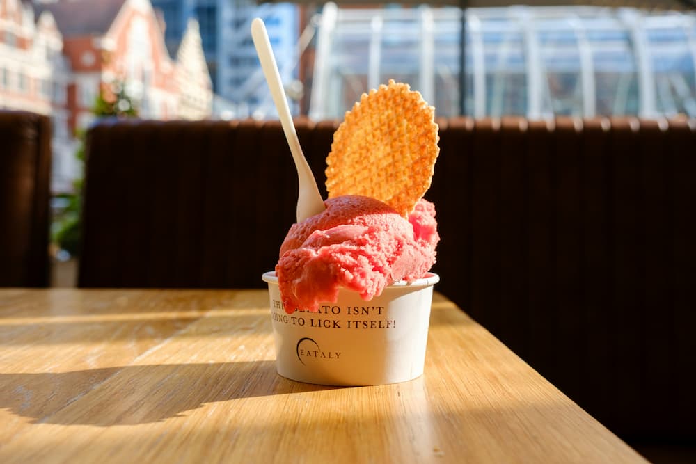 딸기와 피스타치오 젤라또 나란히 담긴 컵