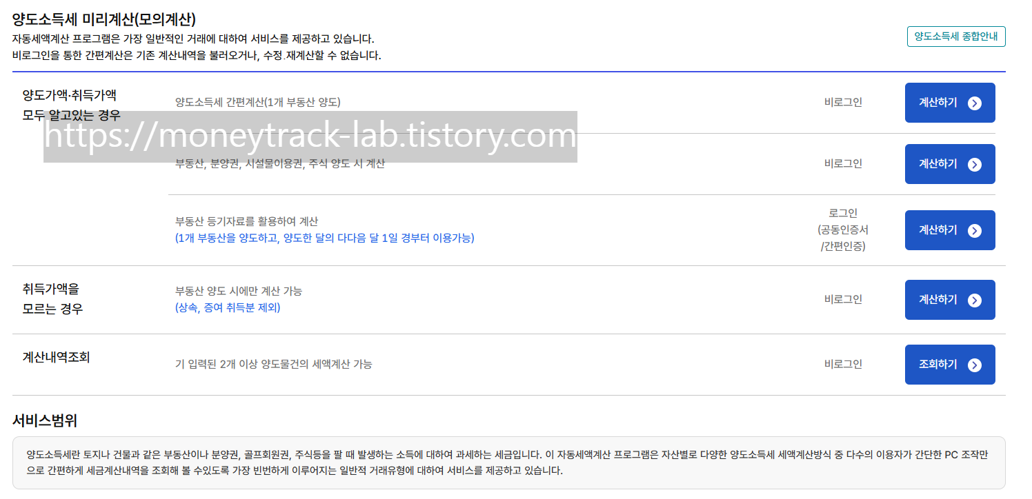 홈택스 모의계산 서비스 내 상황에 대입해보기 2번 페이지 양도소득세 미리계산(모의계산)