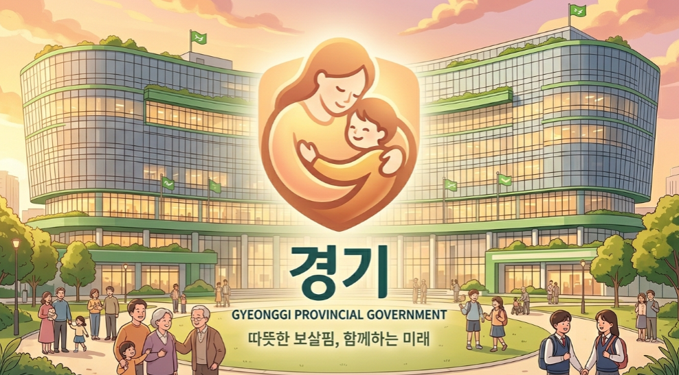 경기도청 건물 배경 위로 사람을 품에 안은 듯한 따뜻한 로고