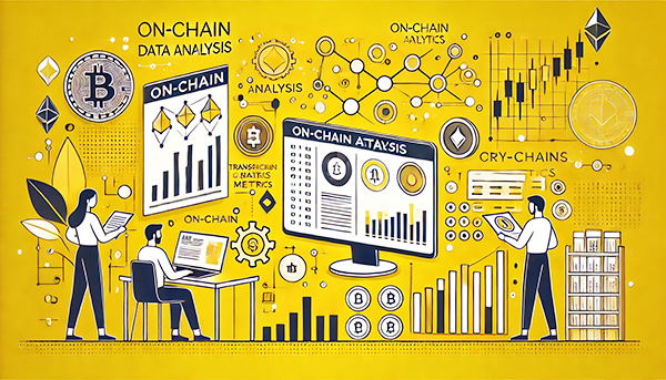 온체인 데이터 분석 일러스트. 블록체인 원장, 거래 흐름, 암호화폐 분석 도구 등의 요소가 포함되었으며, 한 사람이 화면에서 온체인 데이터를 분석하며 투자 결정을 내리는 모습을 표현한 금융 테마의 그림