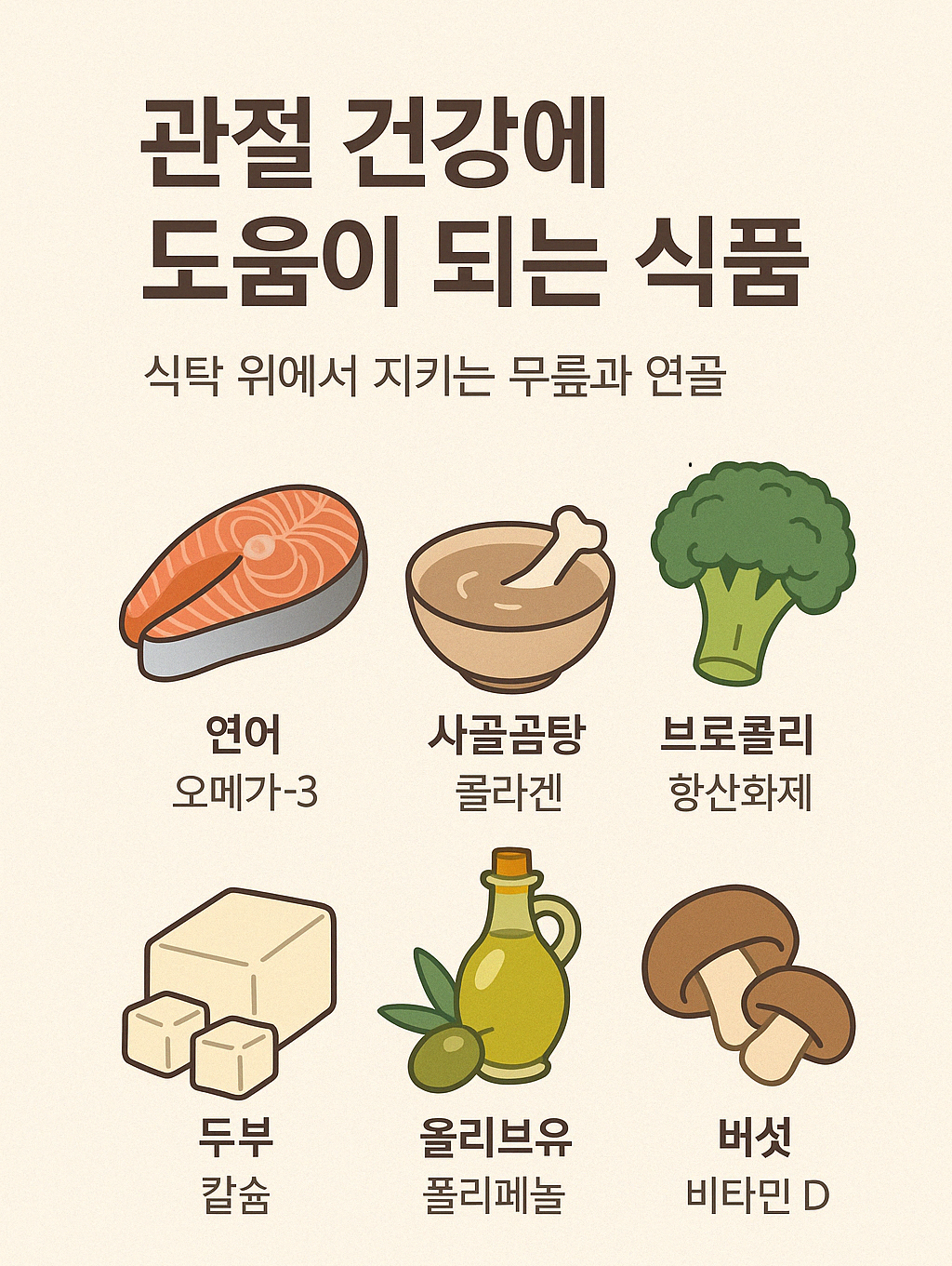 관절 건강을 위한 식사 관리법을 시각적으로 설명한 감성적인 건강 인포그래픽 이미지