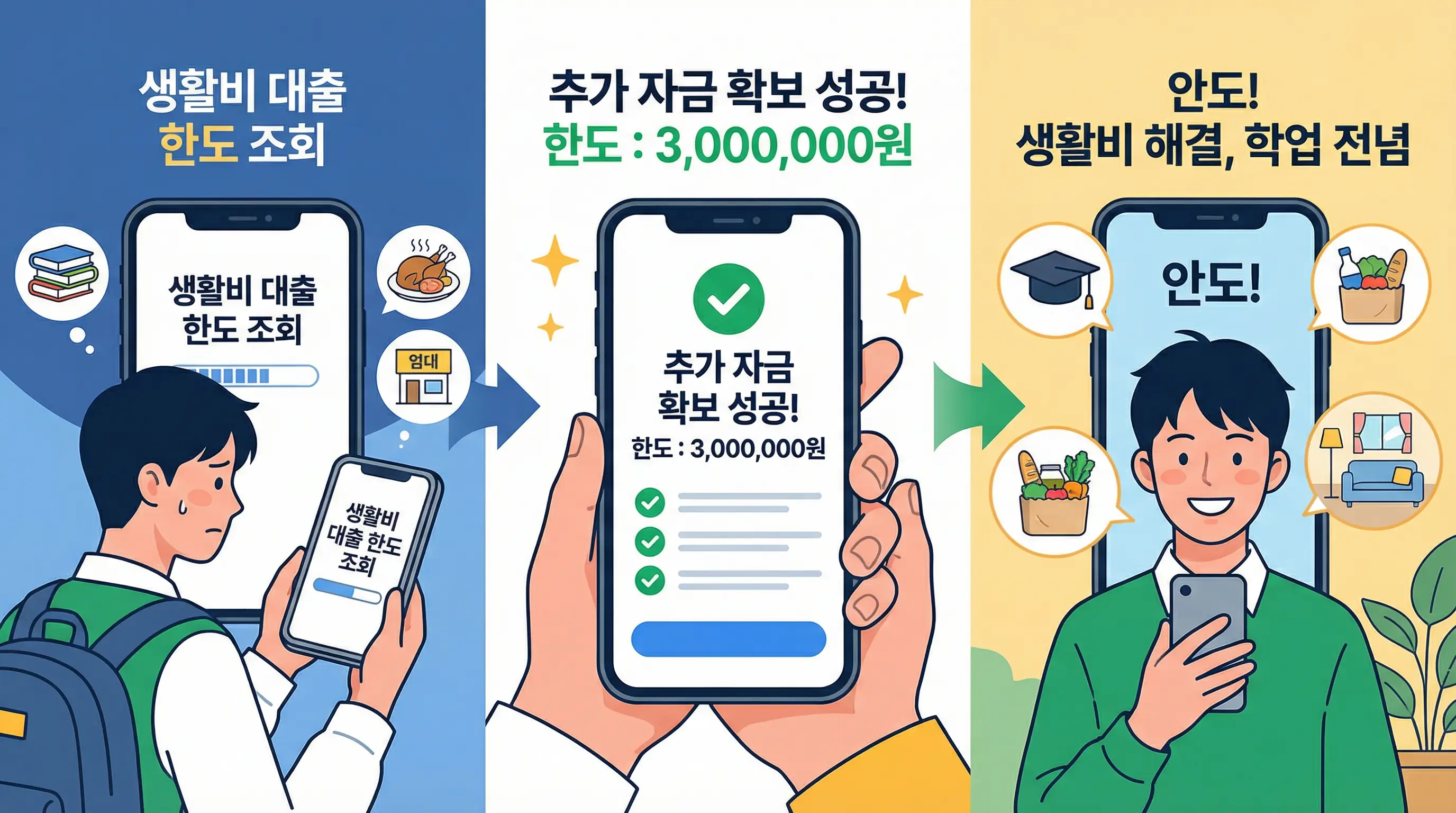 대학생이 모바일로 생활비 대출 한도를 조회하고 추가 자금을 확보하여 안도하는 인포그래픽