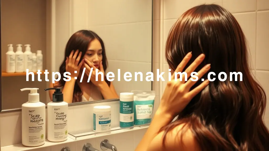 따뜻하고 부드러운 빛이 스며드는 욕실에서 한 사람이 염색된 머리카락을 부드럽게 쓰다듬으며 거울을 보고 있다. 그녀의 손 옆에는 두피 보습 앰플과 헤어팩이 놓여 있고, 욕실 선반에는 약산성 샴푸와 염색 전용 제품들이 보인다.
