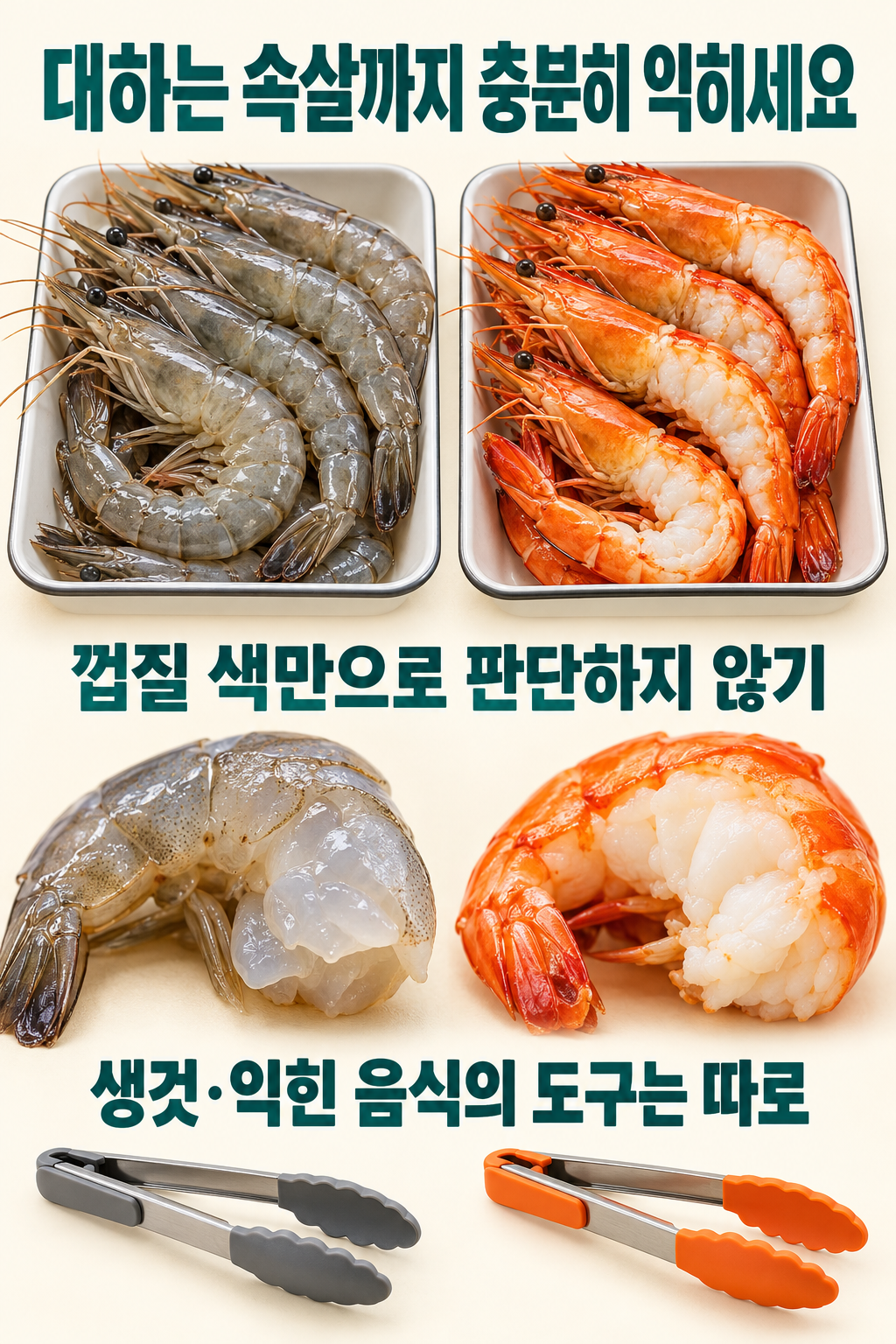 생대하와 익힌 대하의 속살, 각각 따로 둔 조리도구를 비교한 가열&middot;위생 안내