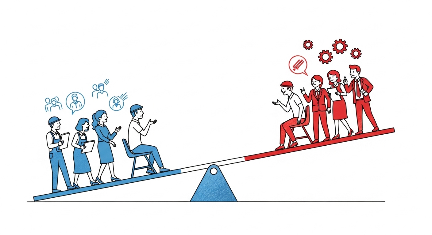 정년 연장을 찬성하는 노동계와 반대하는 경영계의 팽팽한 사회적 논의를 상징하는 시소 이미지