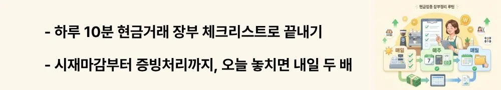 현금거래 많은 업종 장부정리: [하루 10분 현금거래 장부 체크리스트로 끝내기]라는 문구가 포함된 웹배너 이미지. 이 이미지는 현금거래 많은 업종의 매일 10분 장부 루틴과 시재마감 방법을 시각적으로 전달하며, 현금거래 장부 체크리스트와 관련된 내용을 설명함