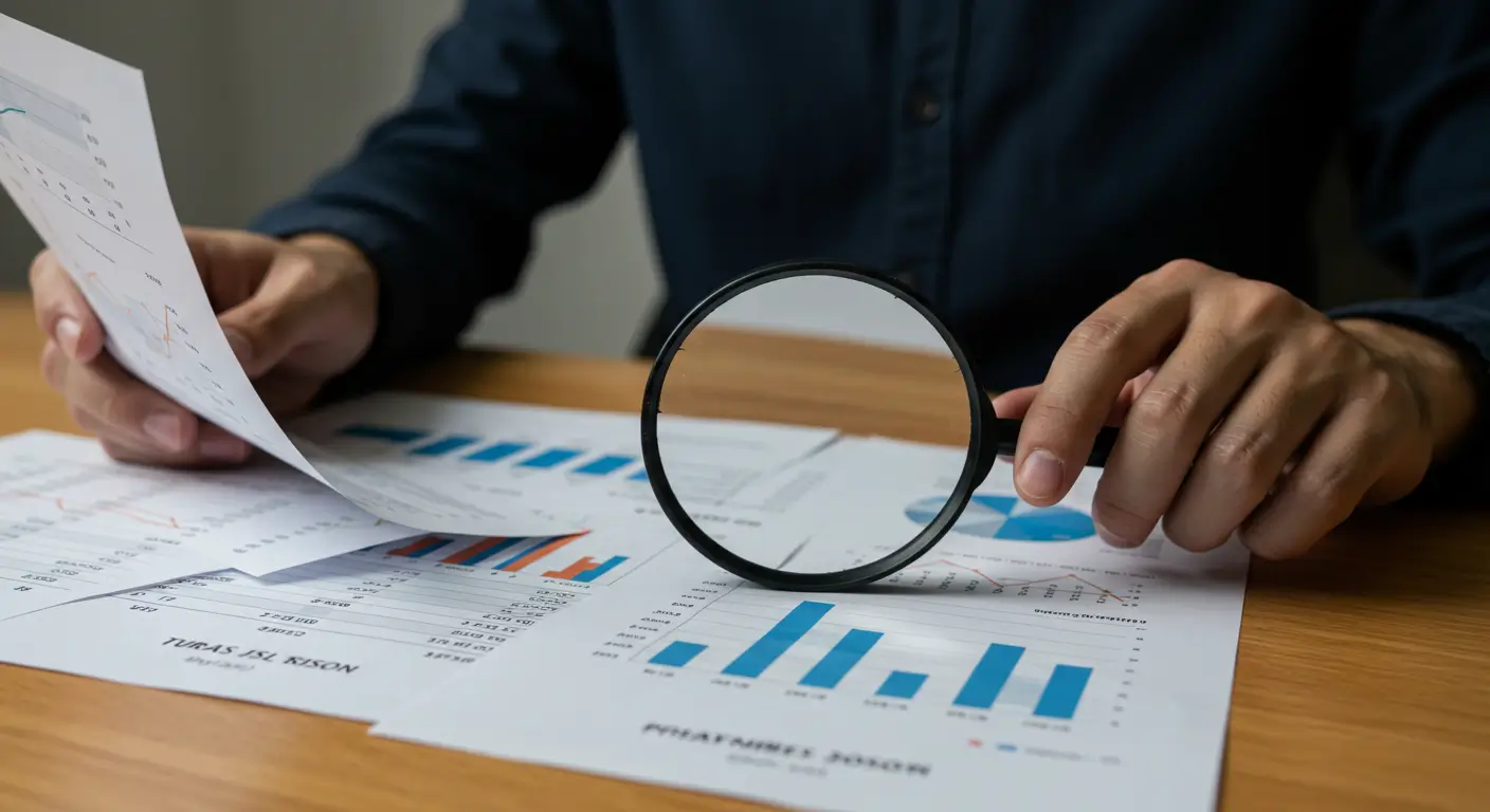 투자자가 돋보기를 들고 기업의 재무제표를 분석하며 종목을 신중하게 검토하는 모습