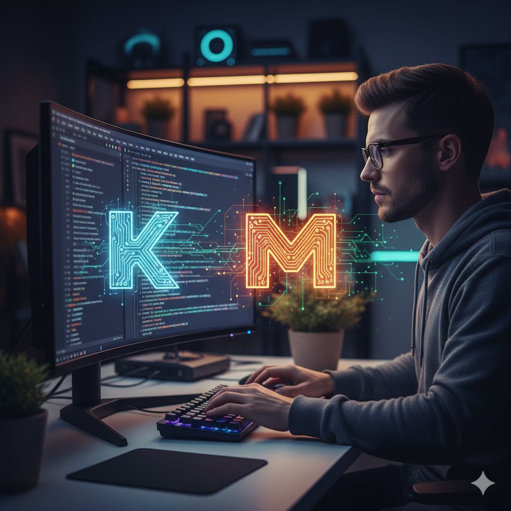 코틀린 코딩에 몰두하는 개발자의 모습. 화면에는 깔끔한 코틀린 테스트 코드가 보이고, 모니터 주변에는 코테스트와 모크케이를 상징하는 심플한 로고 디자인이 배치되어 현대적이고 전문적인 개발 환경을 연출해요.