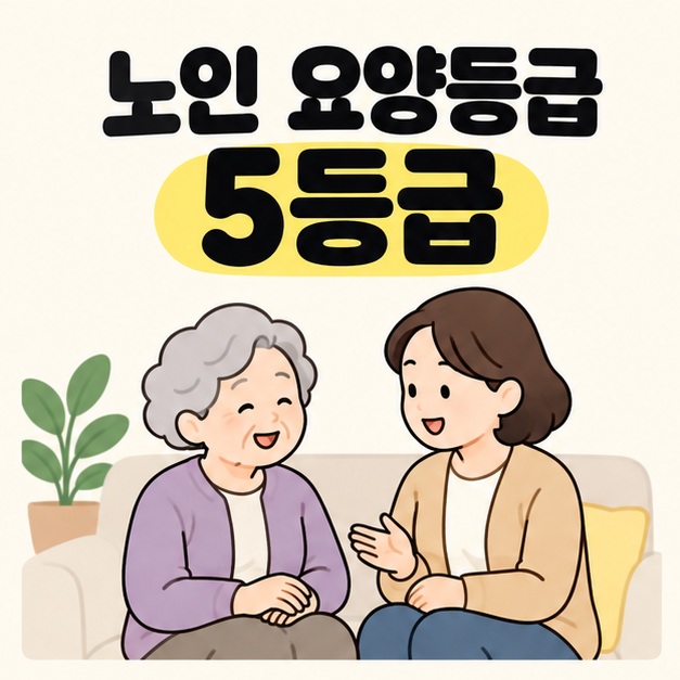 노인 요양등급 5등급 제목 아래 노인과 가족이 나란히 앉아 웃으며 대화하는 모습