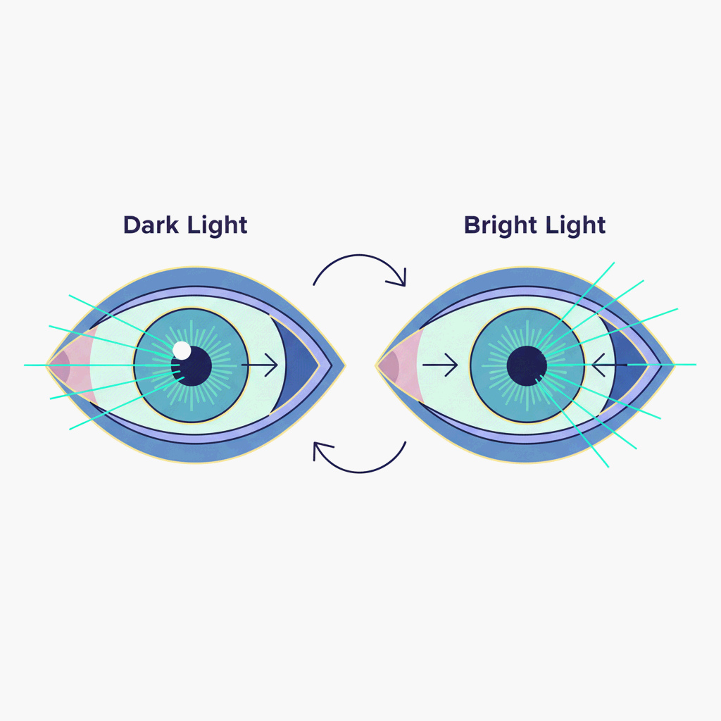 눈동자가 빛에 반응하는 섬세한 조절 메커니즘을 상징적으로 표현한 일러스트레이션