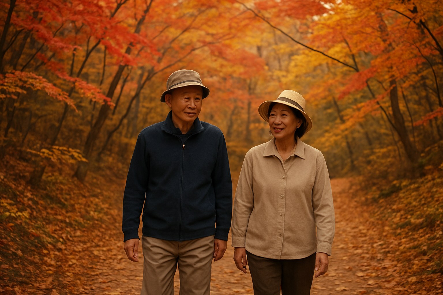 쯔쯔가무시 주의 가을 단풍길 긴소매 차림 산책
