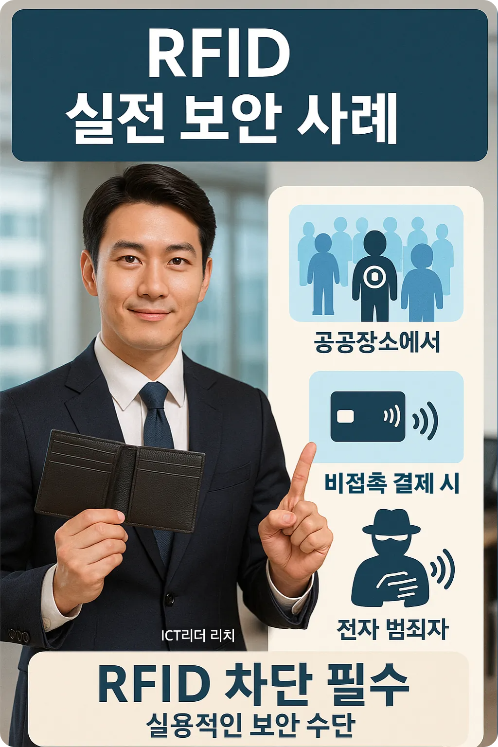 실전 RFID 보안 사례를 설명하는 남성 전문가 인포그래픽