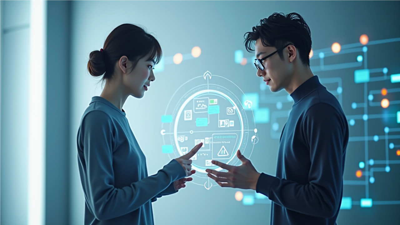 사람과 AI가 함께 플로우차트를 작성하며 복잡한 문제를 단계별로 해결하는 장면