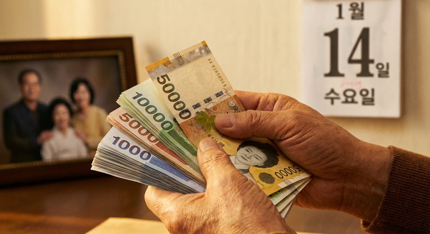 여러 장의 한국 원화 지폐를 조심스럽게 들고 있는 손의 클로즈업, 가족돌봄수당으로 얻는 경제적 지원을 상징.