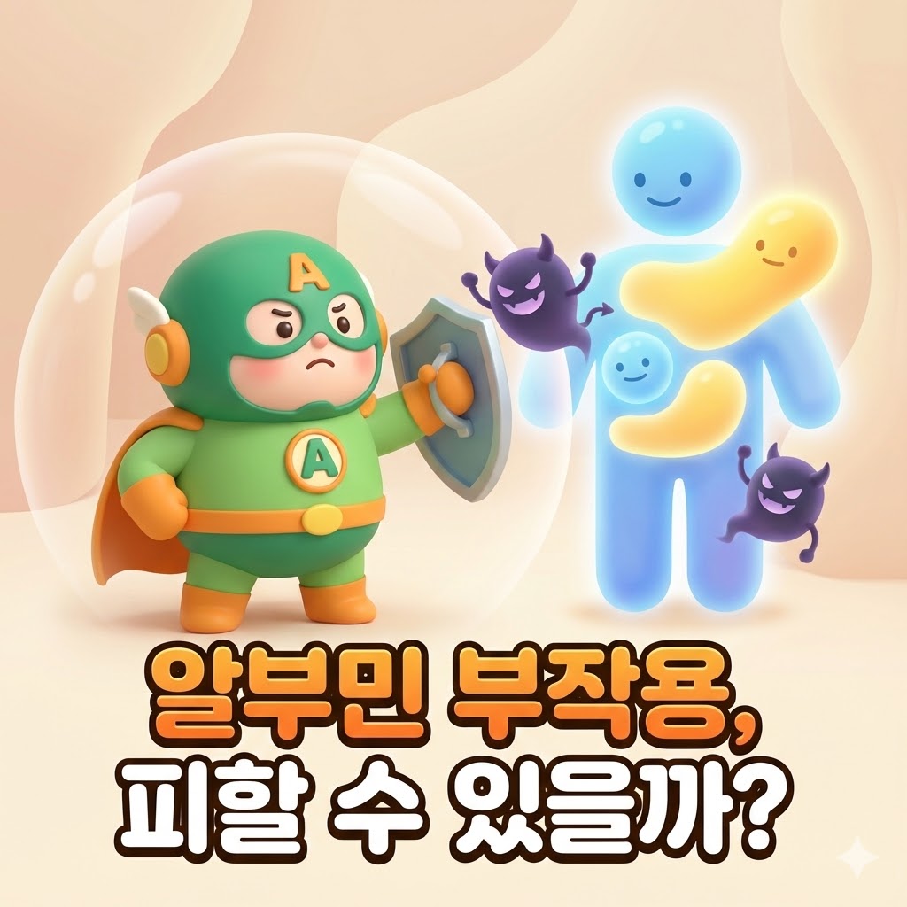 알부민 캐릭터가 부작용을 막아주는 귀여운 3D 카툰 일러스트.