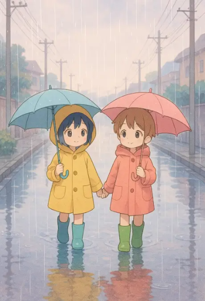 비오는날-장마-우산-어린이-2명