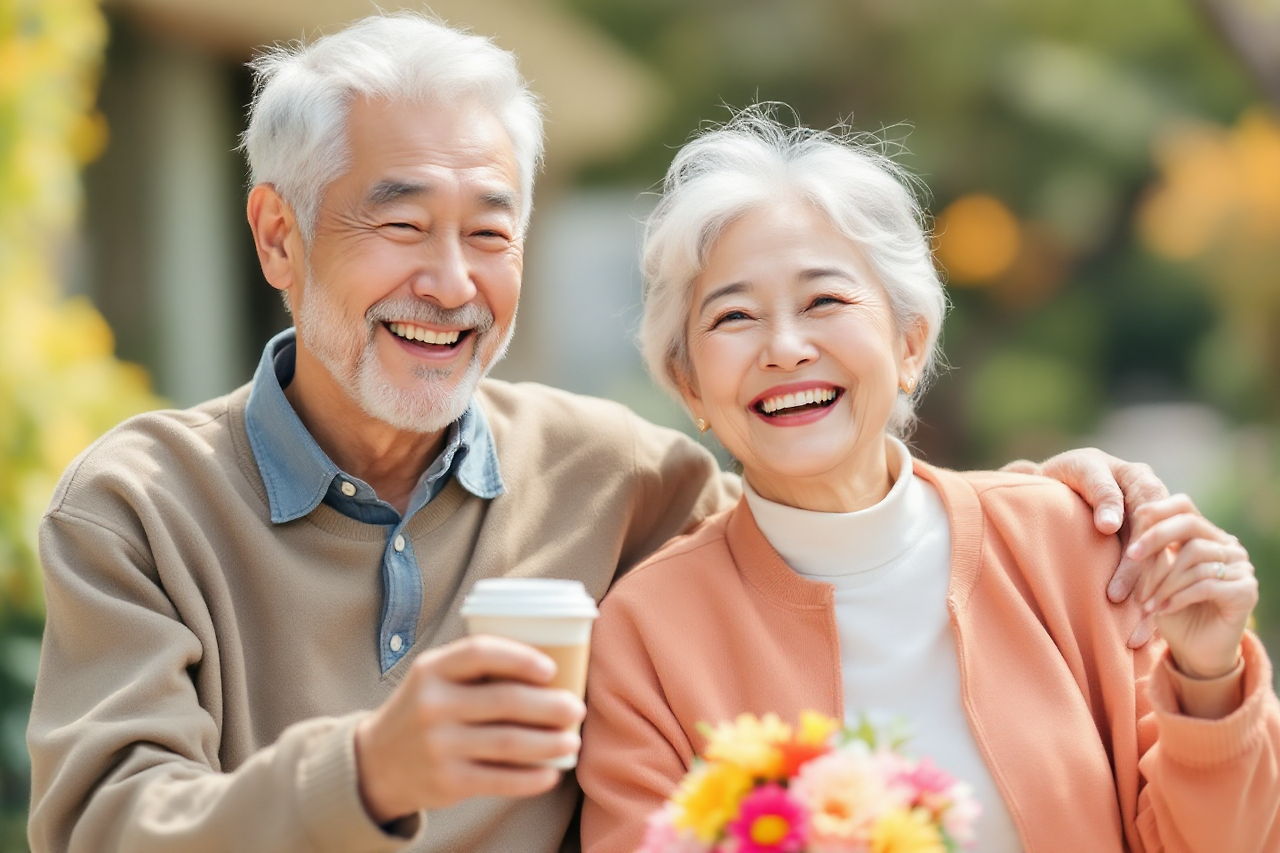 행복한 노년으로 웃음꽃이 활짝핀 할머니와 할아버지
