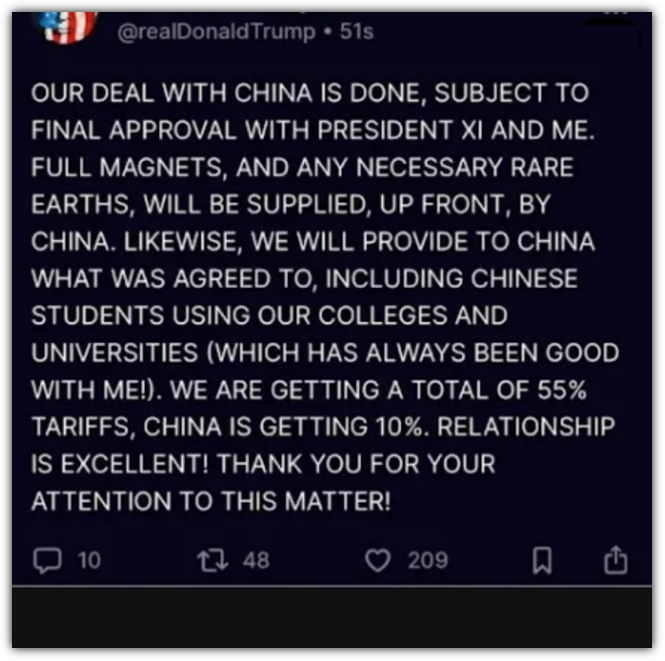 미중 관세협상 합의 알림(트루스소셜)