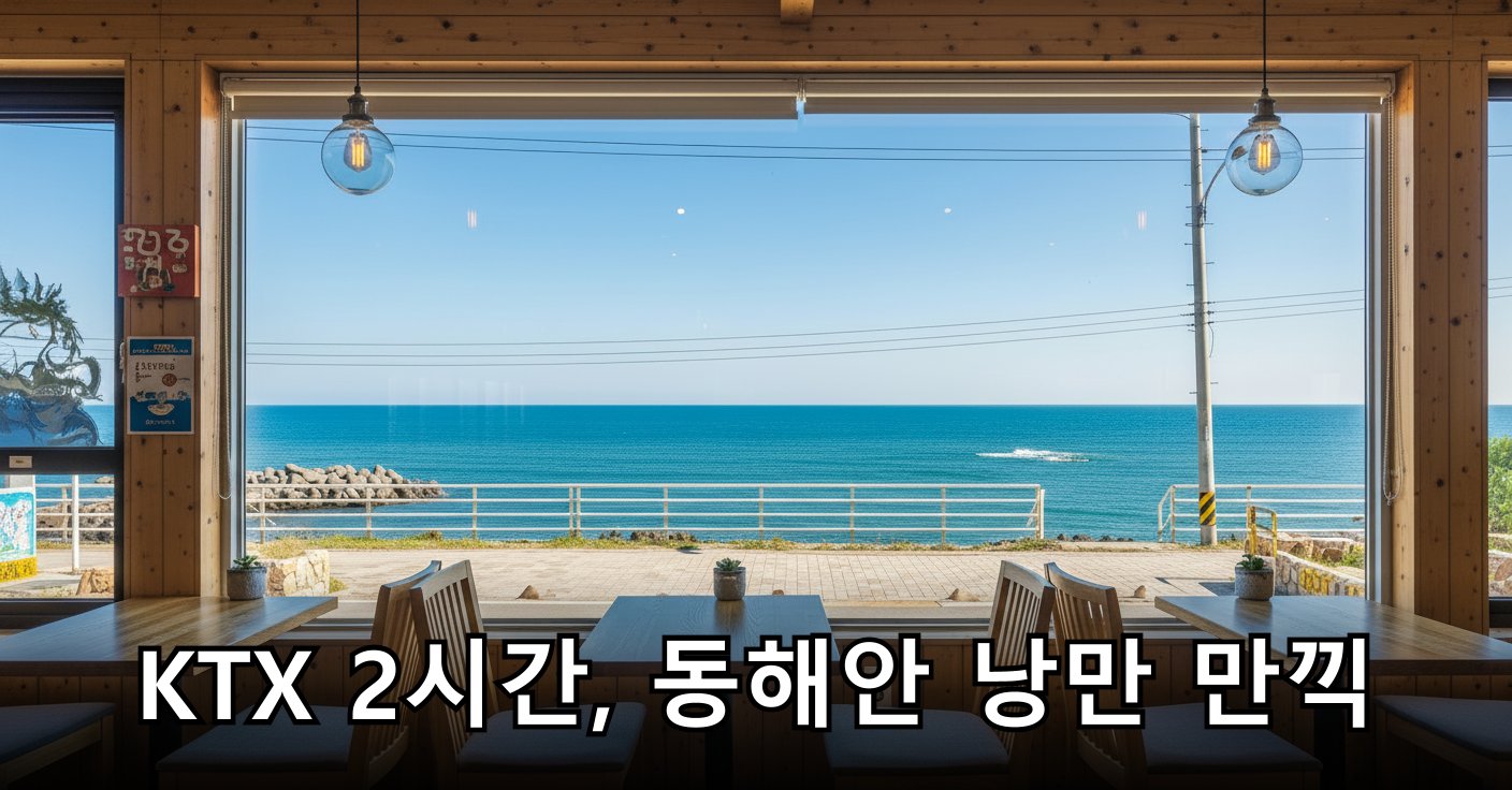 아늑한 카페 내부에서 바다를 바라보는 모습