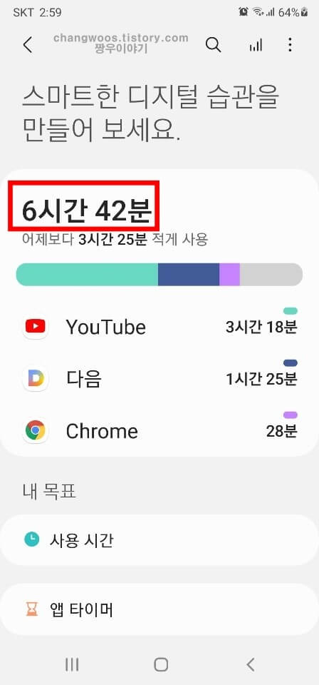 오늘의 휴대폰 사용시간 터치