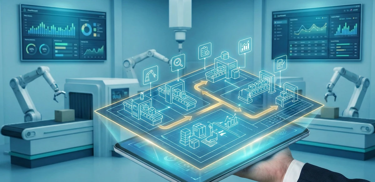 스마트 팩토리 배경에서 한 사람이 태블릿 PC를 들고 있으며, 화면에서 홀로그램으로 투영된 디지털 트윈 제조 공정도를 조작하고 있는 모습