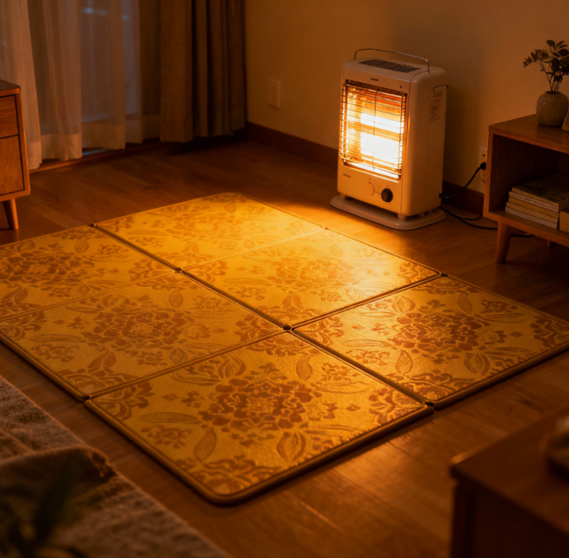 "따뜻한 조명 아래 전기장판과 난로가 놓인 거실 모습, 겨울철 임산부의 난방기기 사용과 보온 환경을 표현한 장면"