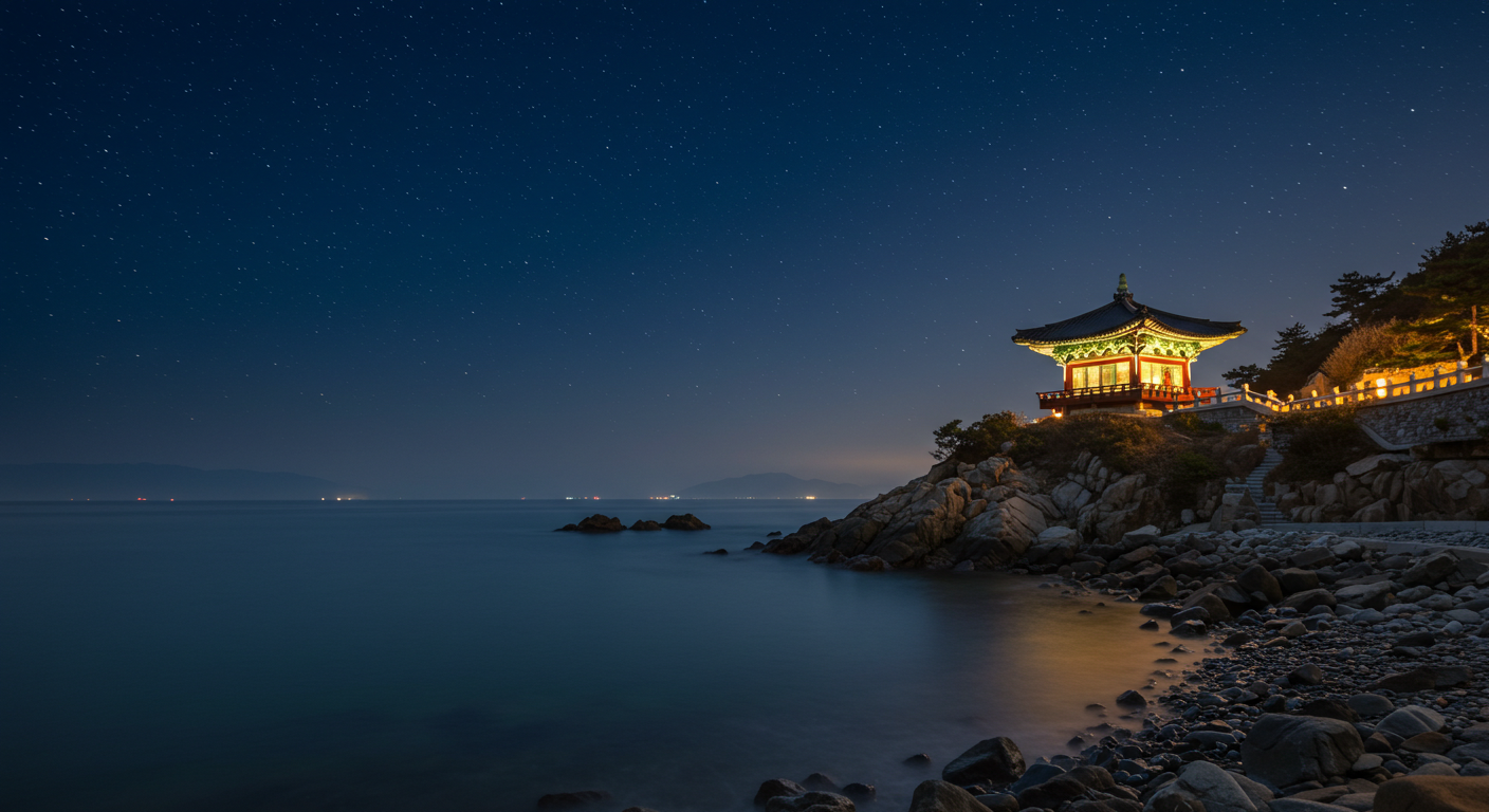 속초 영금정 정자가 바다 위에서 조명으로 빛나는 밤 풍경