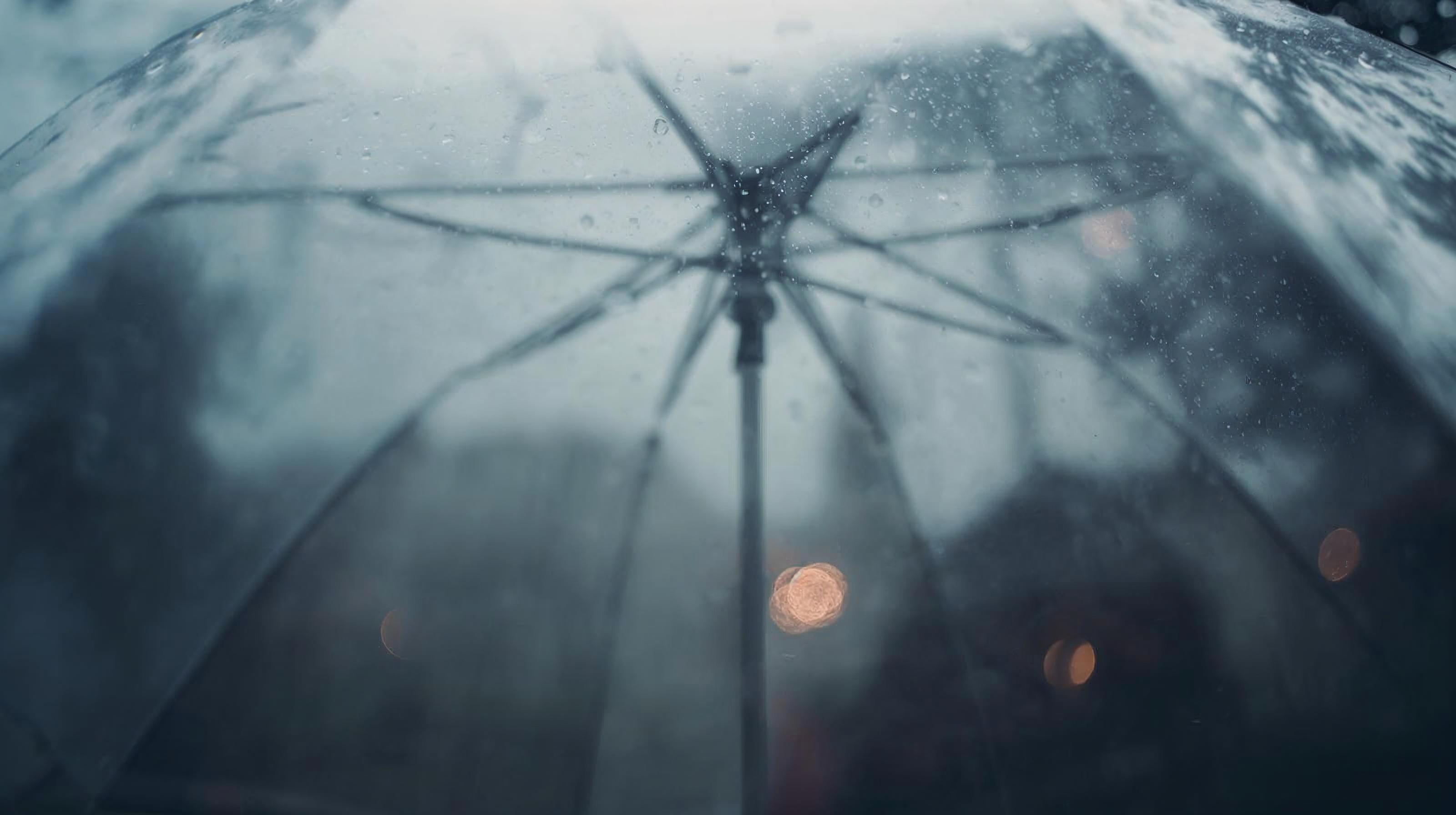 비 오는 날 투명한 우산을 아래에서 올려다본 장면. 유리 표면에 빗방울과 빛이 번져 있고, 우산살이 방사형으로 퍼져 있다.