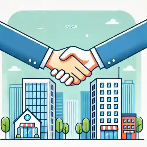 2개의 회사 건물을 배경으로 기업 인수합병(M&amp;A)을 상징하는 악수를 하고 있다.