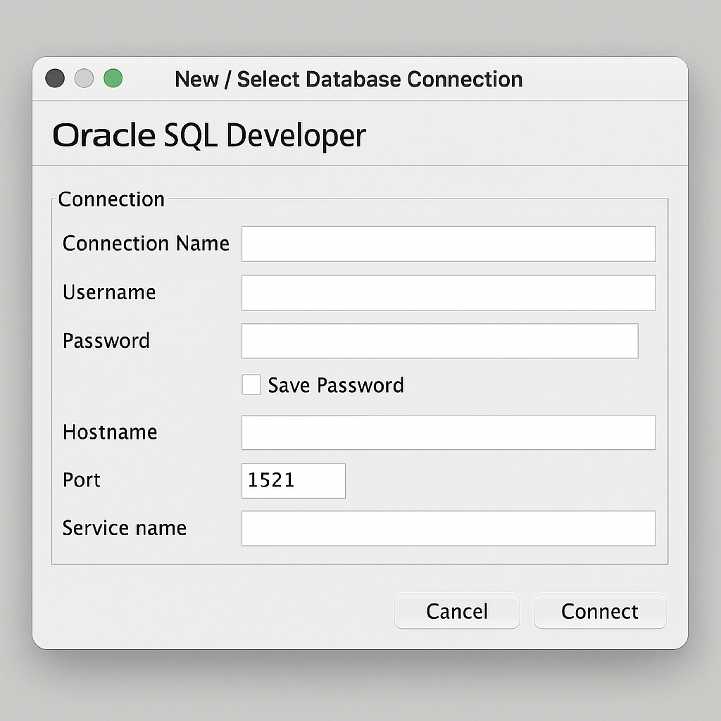 Oracle SQL Developer database connection configuration window with username and password fields