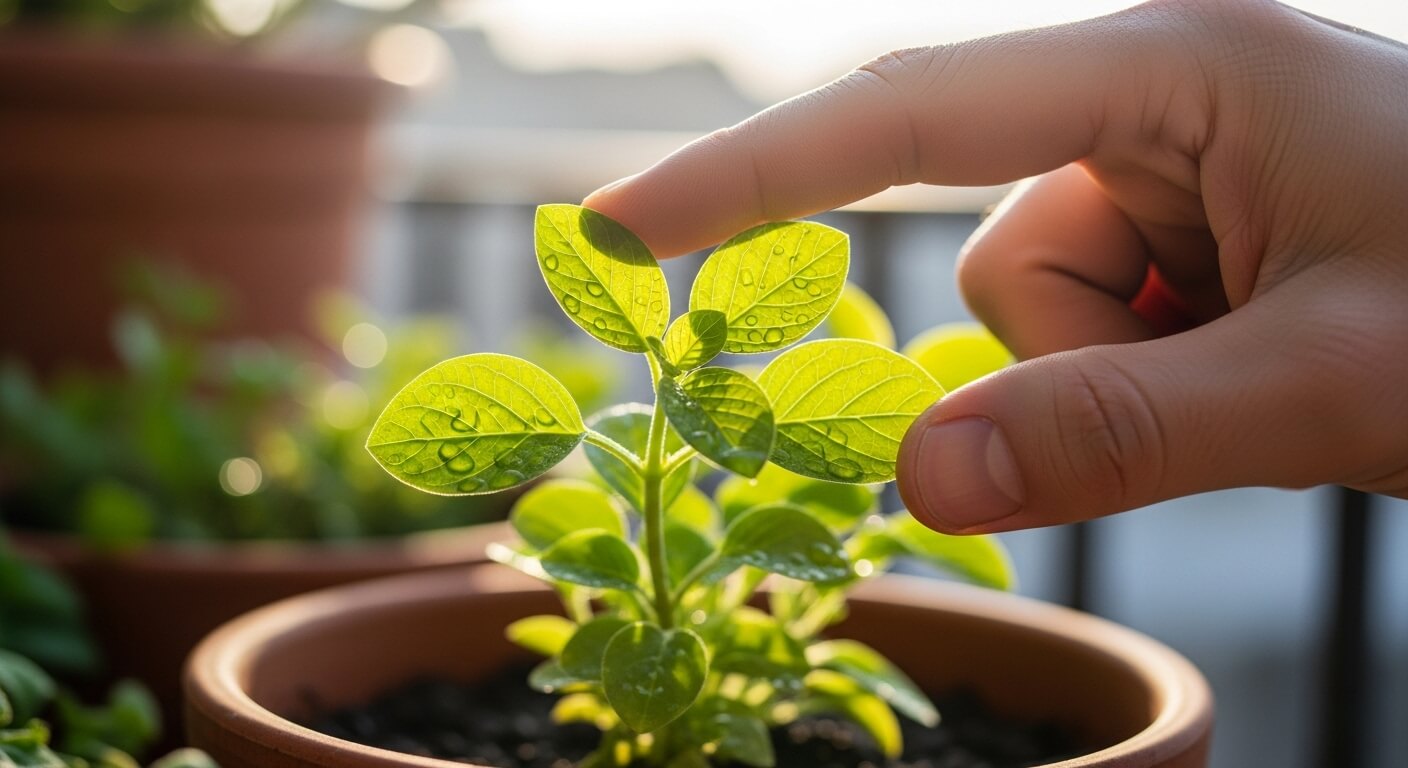 발코니 화분의 잎을 손끝으로 살며시 만지는 남성의 손